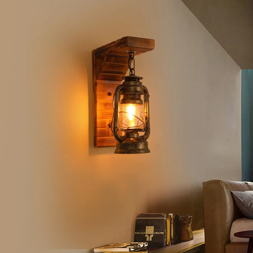 Elgard | Vintage Rustic Lantern Pine Wood Wall Light