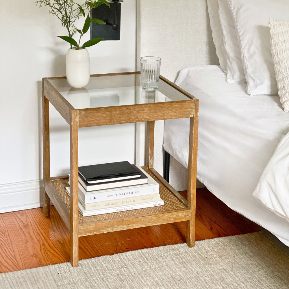 Koda | Wooden Rattan End Table and Nightstand with Glass Top