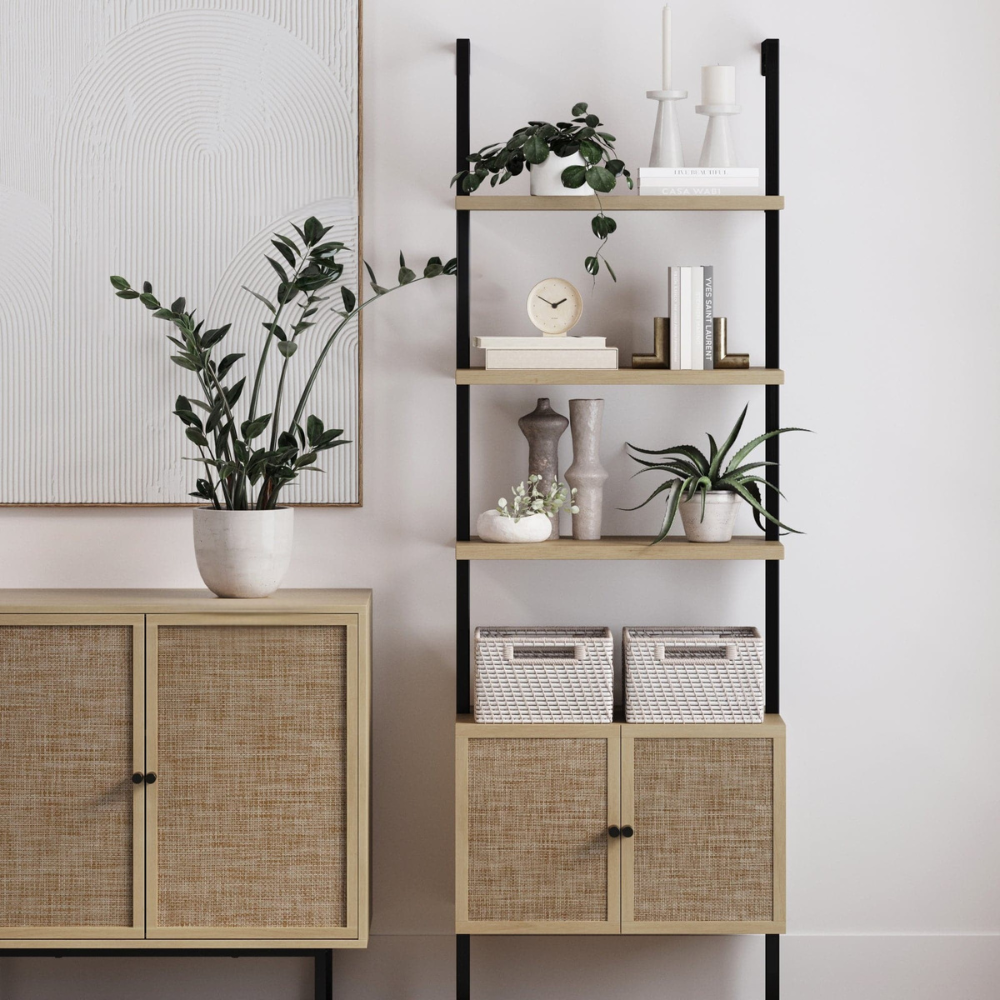 Zenith | Modern Ladder Bookshelf And Rattan Door Storage Cabinet with Wood Shelves