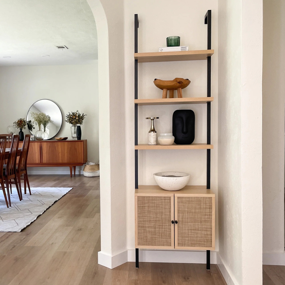 Zenith | Modern Ladder Bookshelf And Rattan Door Storage Cabinet with Wood Shelves