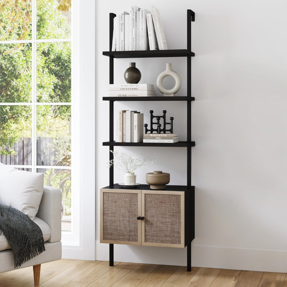 Zenith | Modern Ladder Bookshelf And Rattan Door Storage Cabinet with Wood Shelves