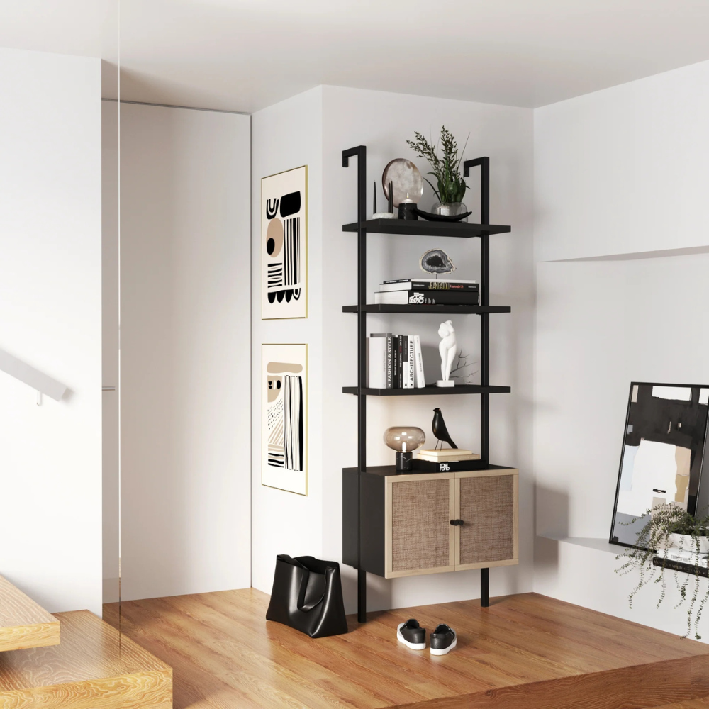 Zenith | Modern Ladder Bookshelf And Rattan Door Storage Cabinet with Wood Shelves