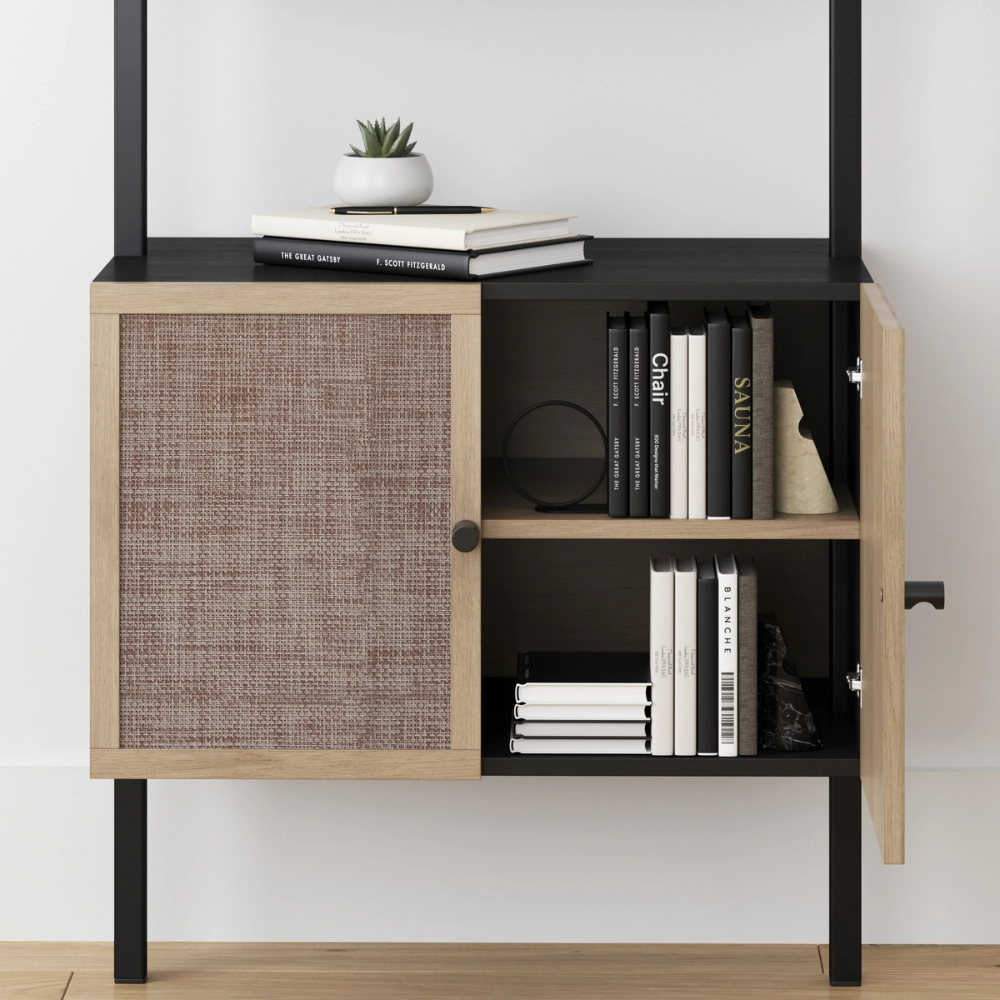 Zenith | Modern Ladder Bookshelf And Rattan Door Storage Cabinet with Wood Shelves