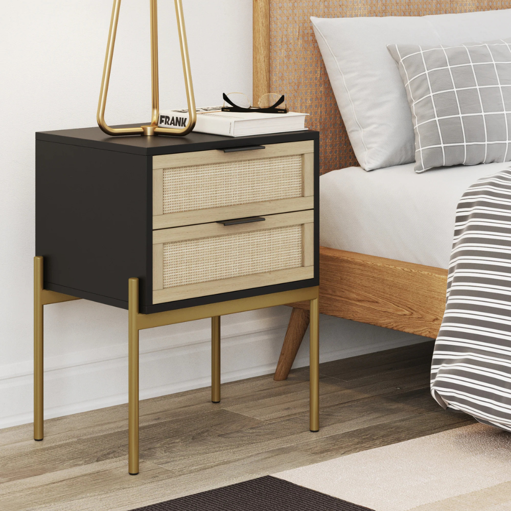 Lucca | Two Drawer Rattan End Table And Storage Cabinet Nightstand