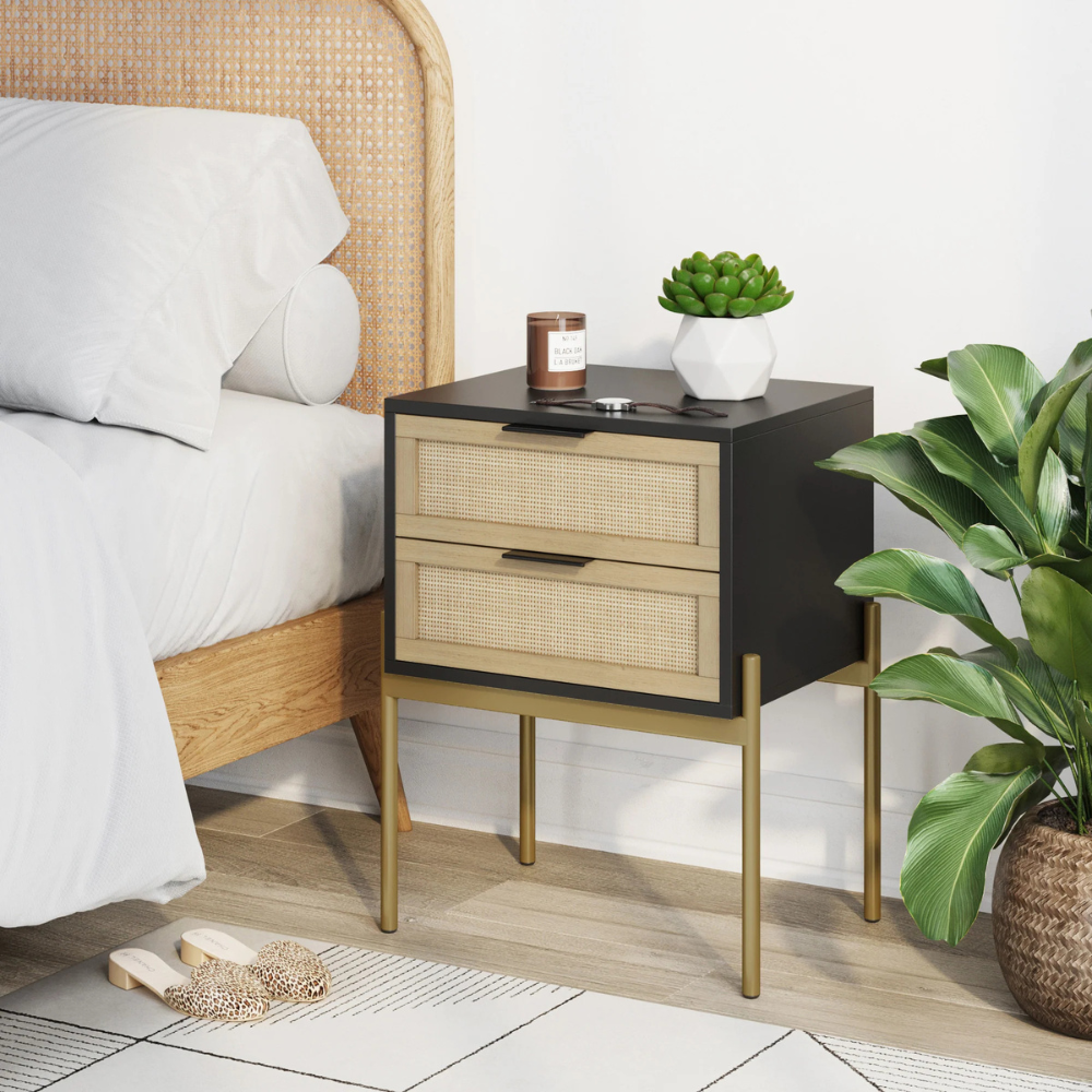 Lucca | Two Drawer Rattan End Table And Storage Cabinet Nightstand