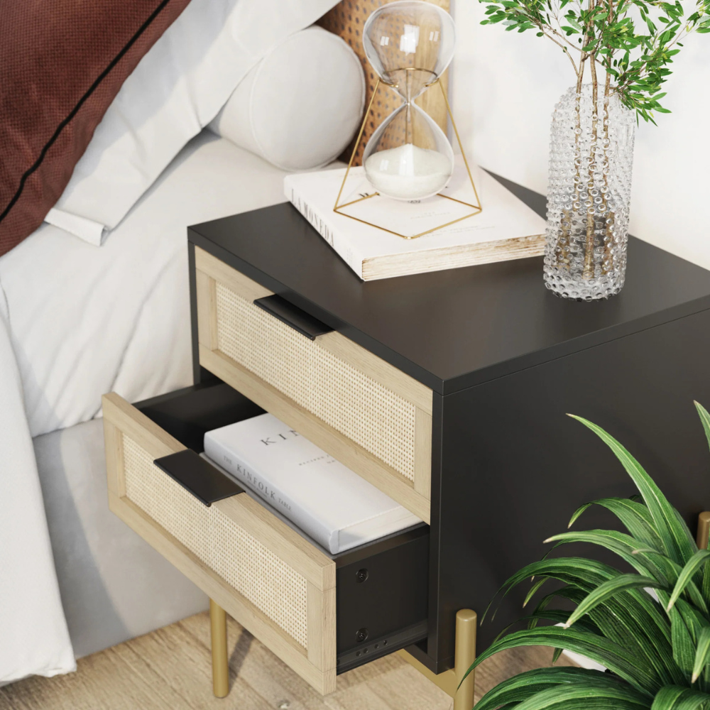 Lucca | Two Drawer Rattan End Table And Storage Cabinet Nightstand