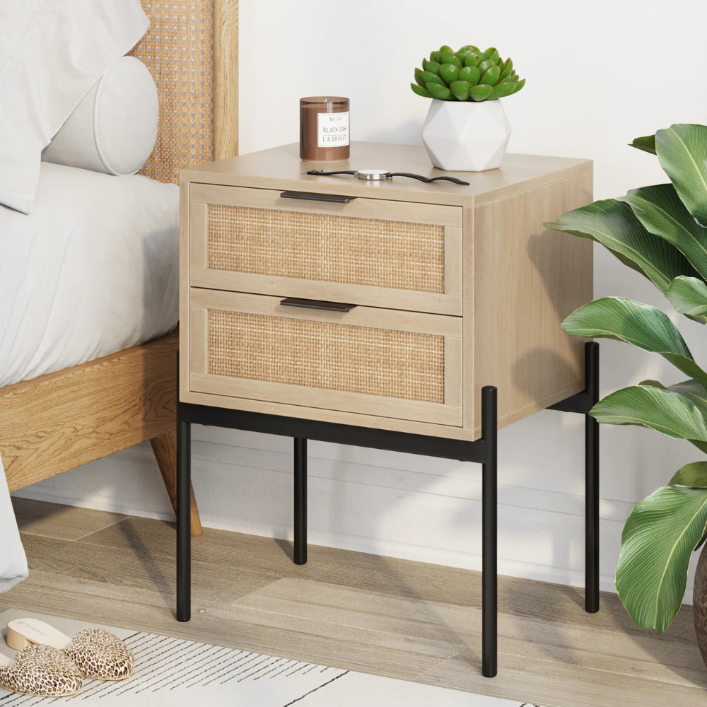 Lucca | Two Drawer Rattan End Table And Storage Cabinet Nightstand