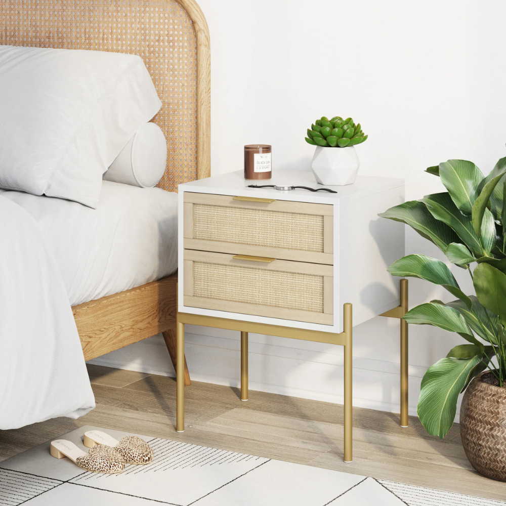 Lucca | Two Drawer Rattan End Table And Storage Cabinet Nightstand