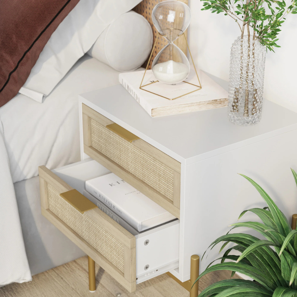 Lucca | Two Drawer Rattan End Table And Storage Cabinet Nightstand