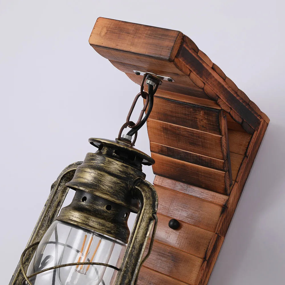 Elgard | Vintage Rustic Lantern Pine Wood Wall Light