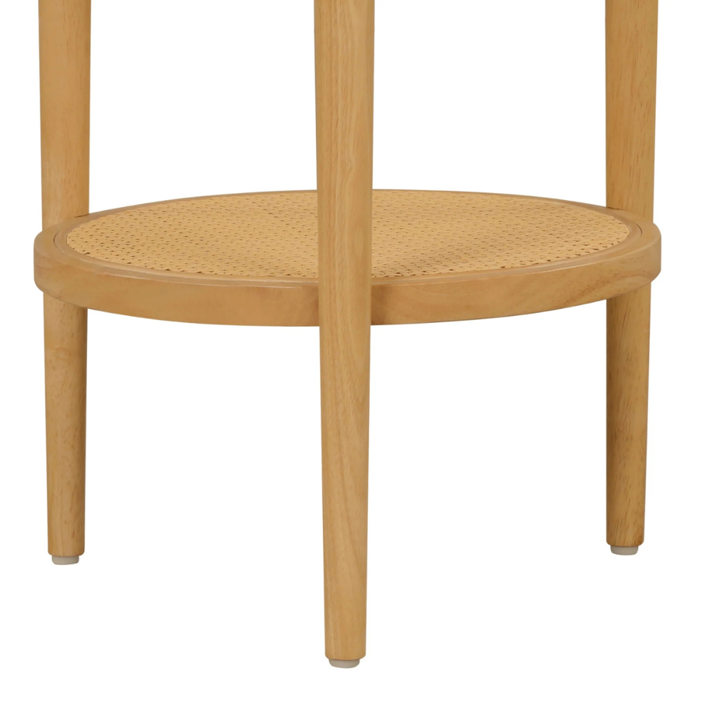 Luna | Round Solid Wood End Table With Woven Rattan Shelf