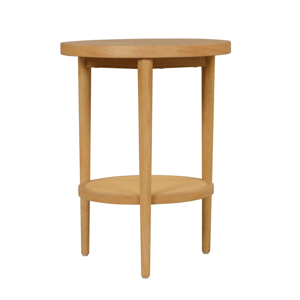 Luna | Round Solid Wood End Table With Woven Rattan Shelf