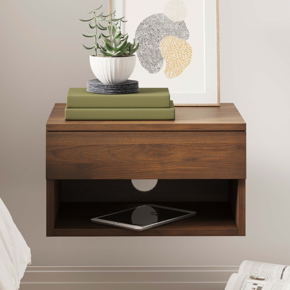 Orio | Wall Mounted Floating Nightstand With Storage Drawer and Open Cubby