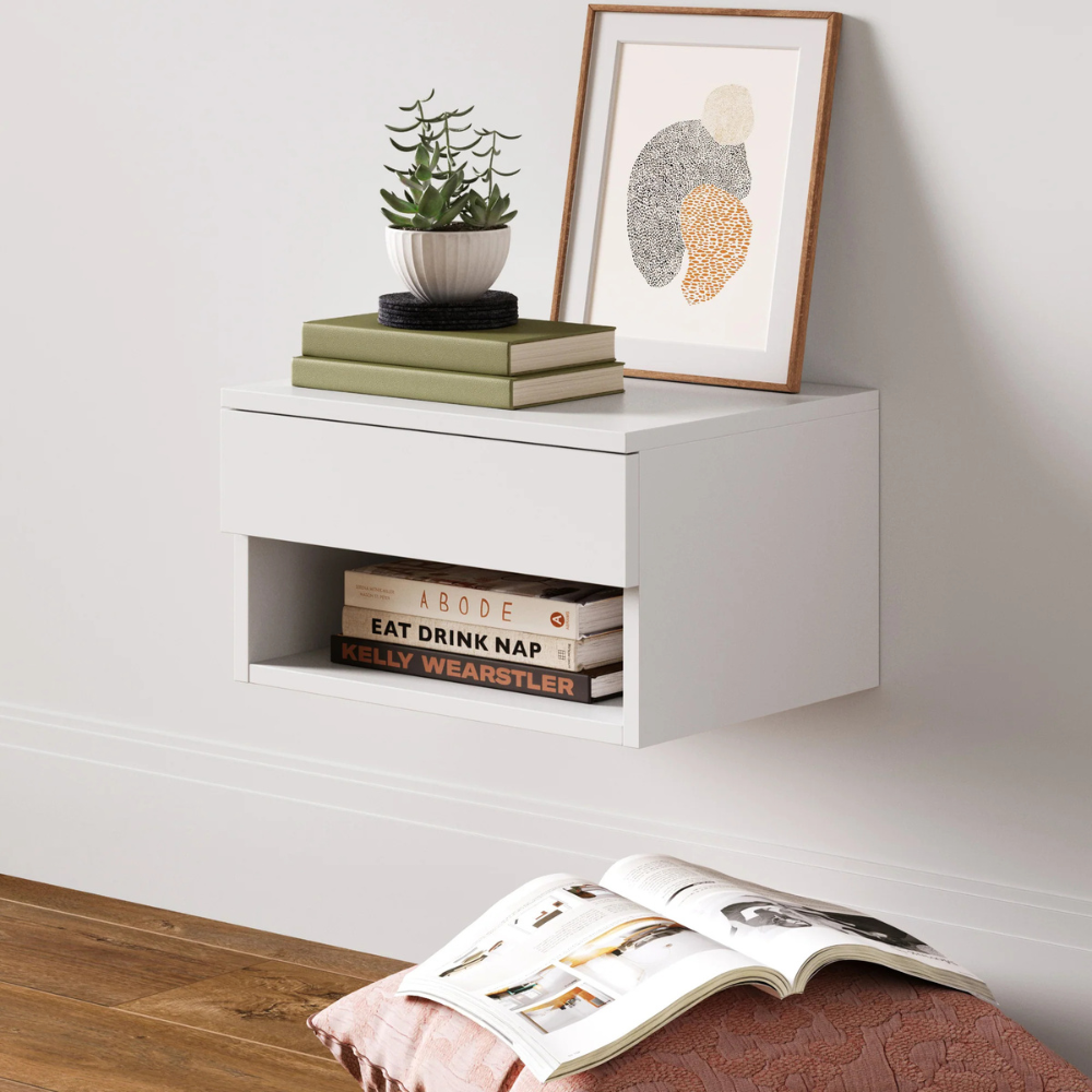 Orio | Wall Mounted Floating Nightstand With Storage Drawer and Open Cubby