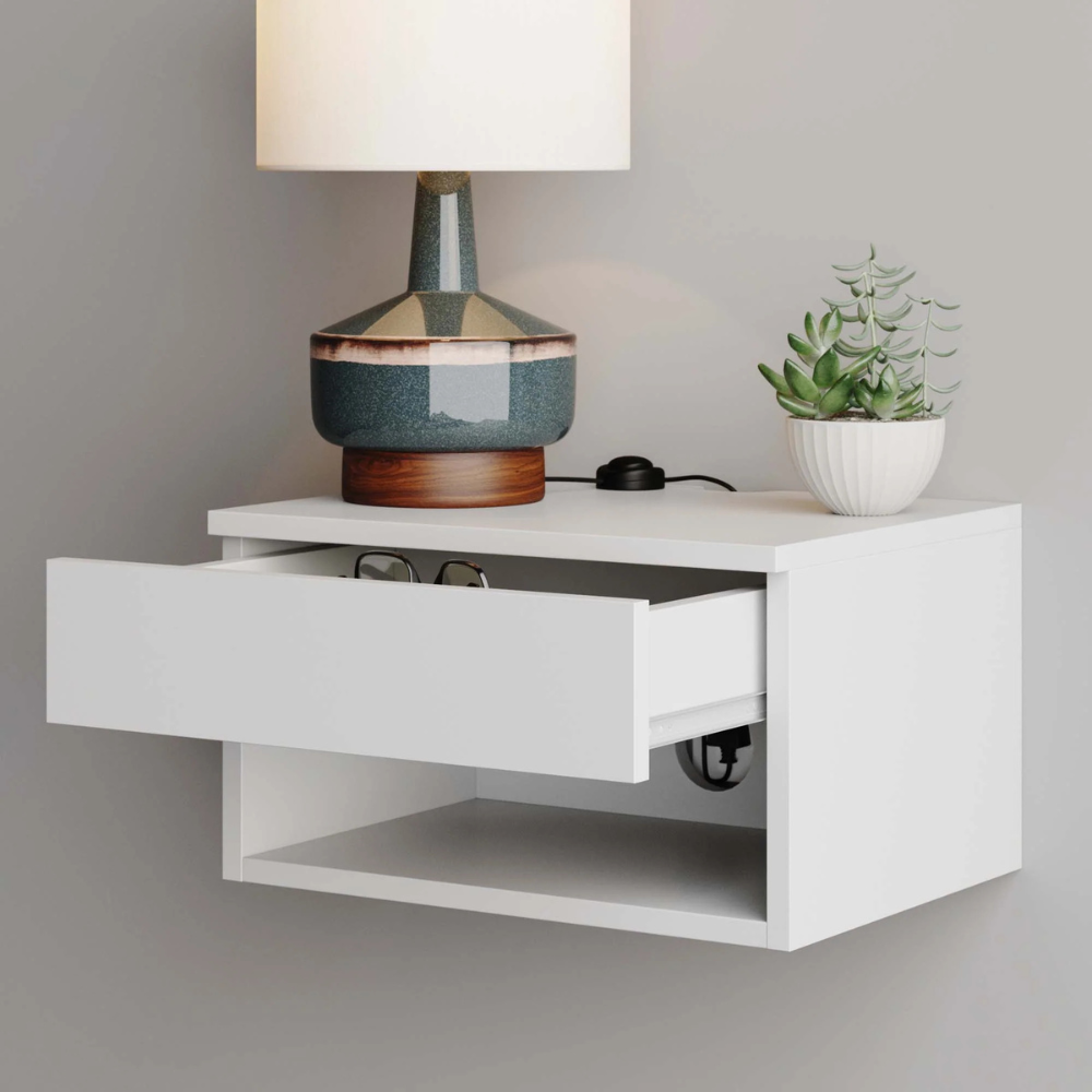 Orio | Wall Mounted Floating Nightstand With Storage Drawer and Open Cubby