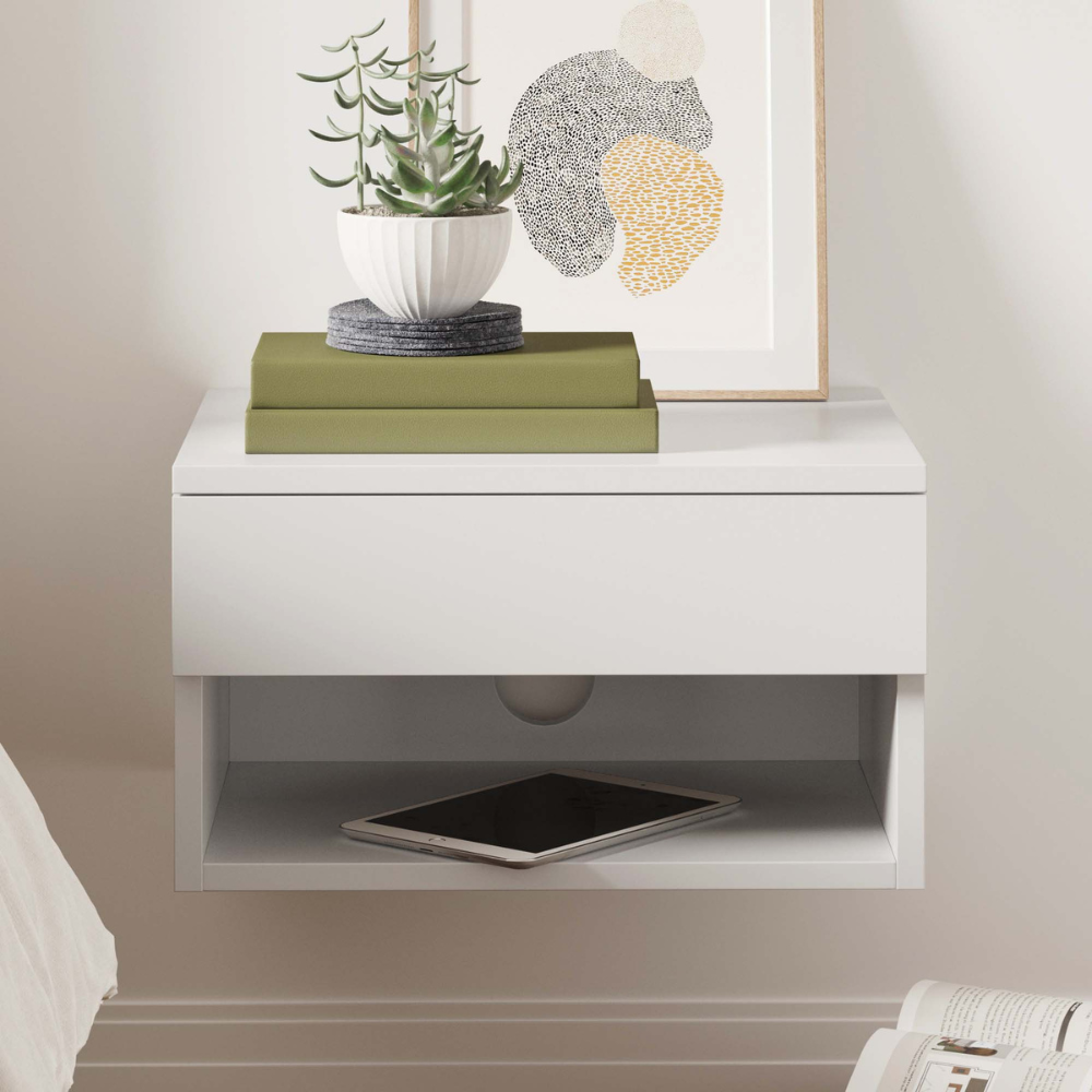 Orio | Wall Mounted Floating Nightstand With Storage Drawer and Open Cubby