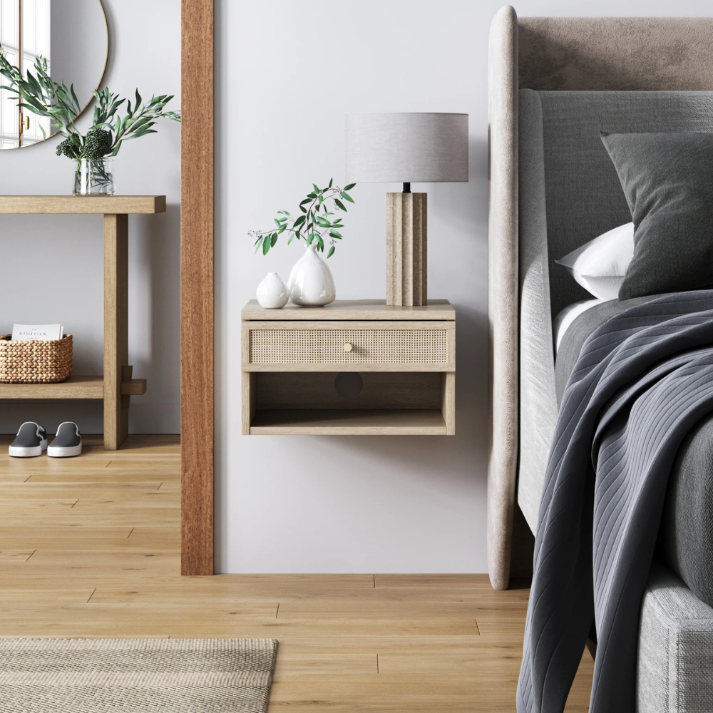 Orio | Wall Mounted Floating Nightstand With Storage Drawer and Open Cubby