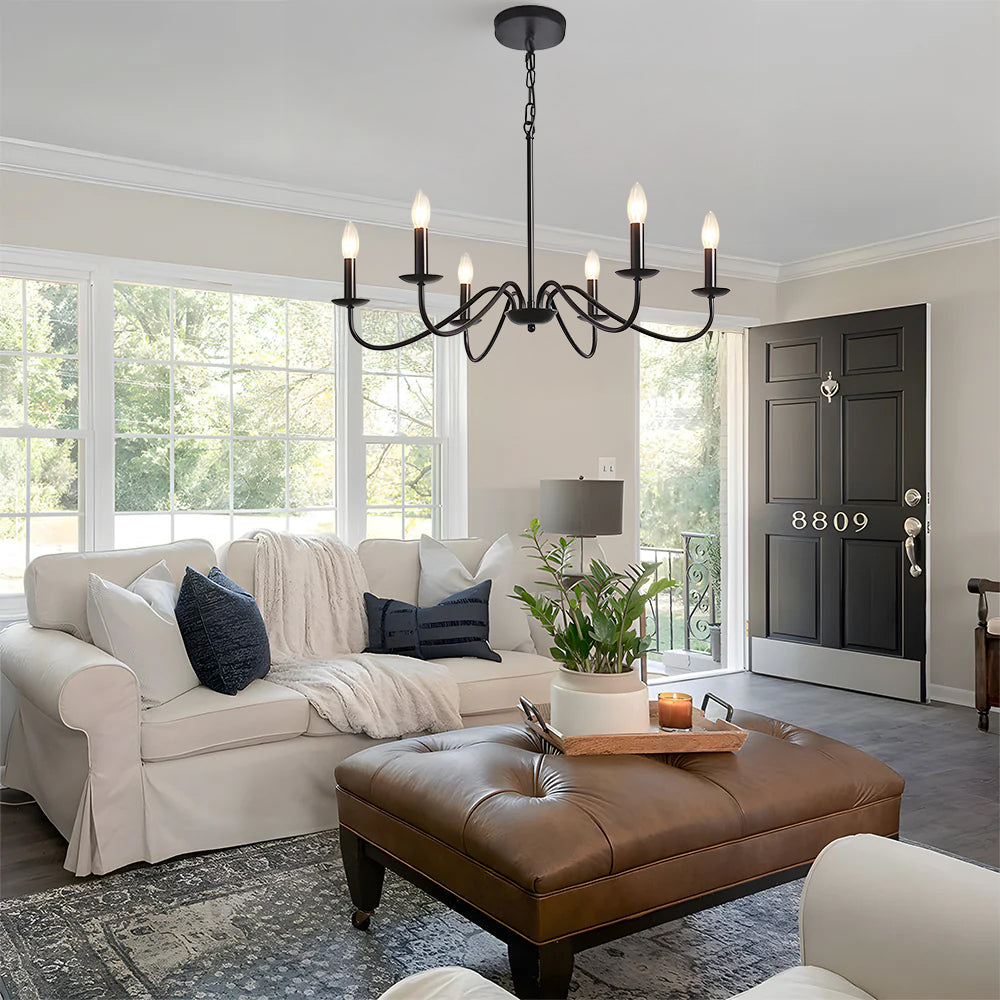 Virona | Contemporary Black Candle Style Curved Arm Chandelier