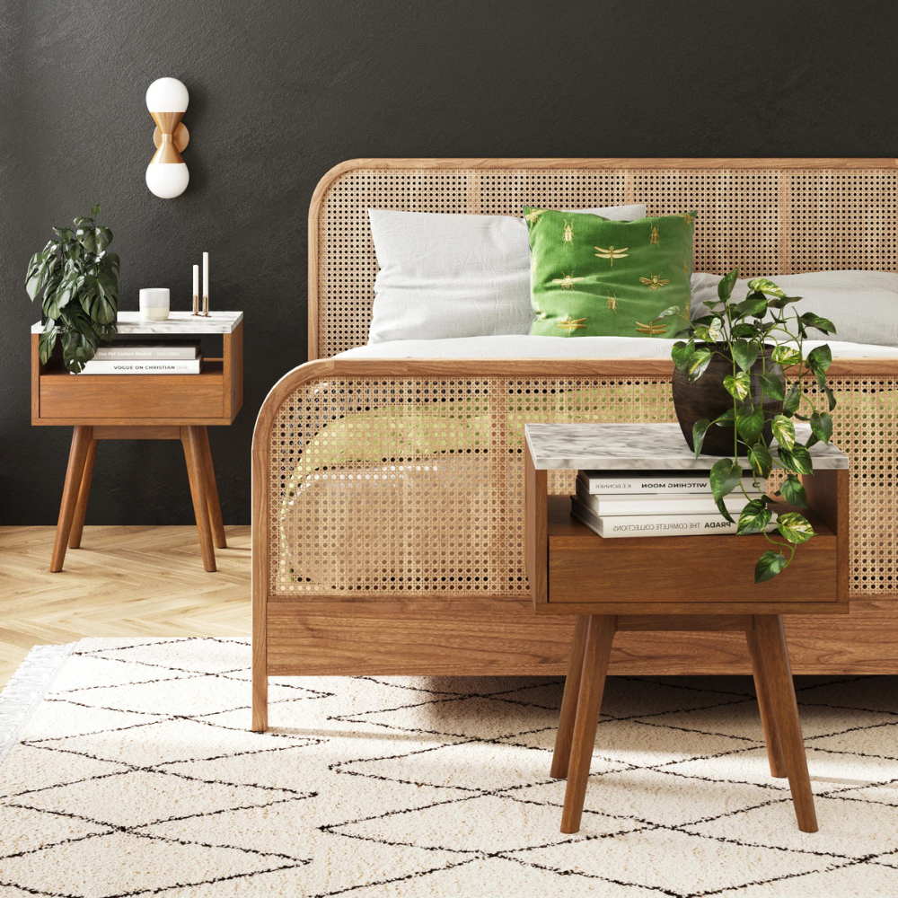 Vallo | Mid Century Marble Top Nightstand And Wood End Table