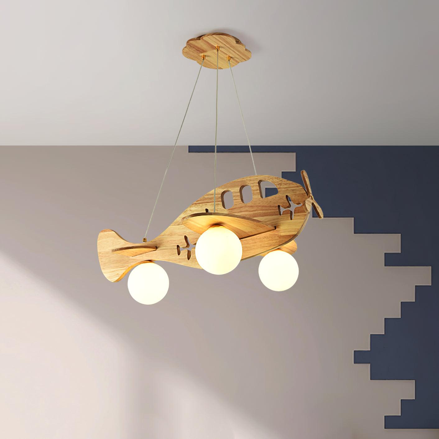 Tethelis | Airplane Shaped Timber Artful Glass Globe Pendant Light