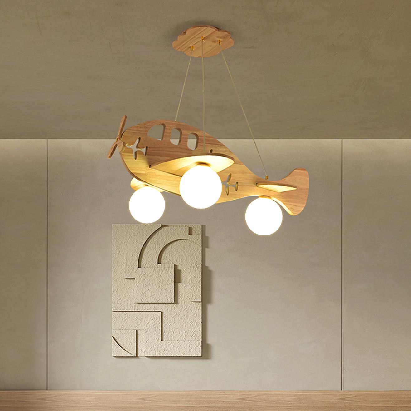 Tethelis | Airplane Shaped Timber Artful Glass Globe Pendant Light