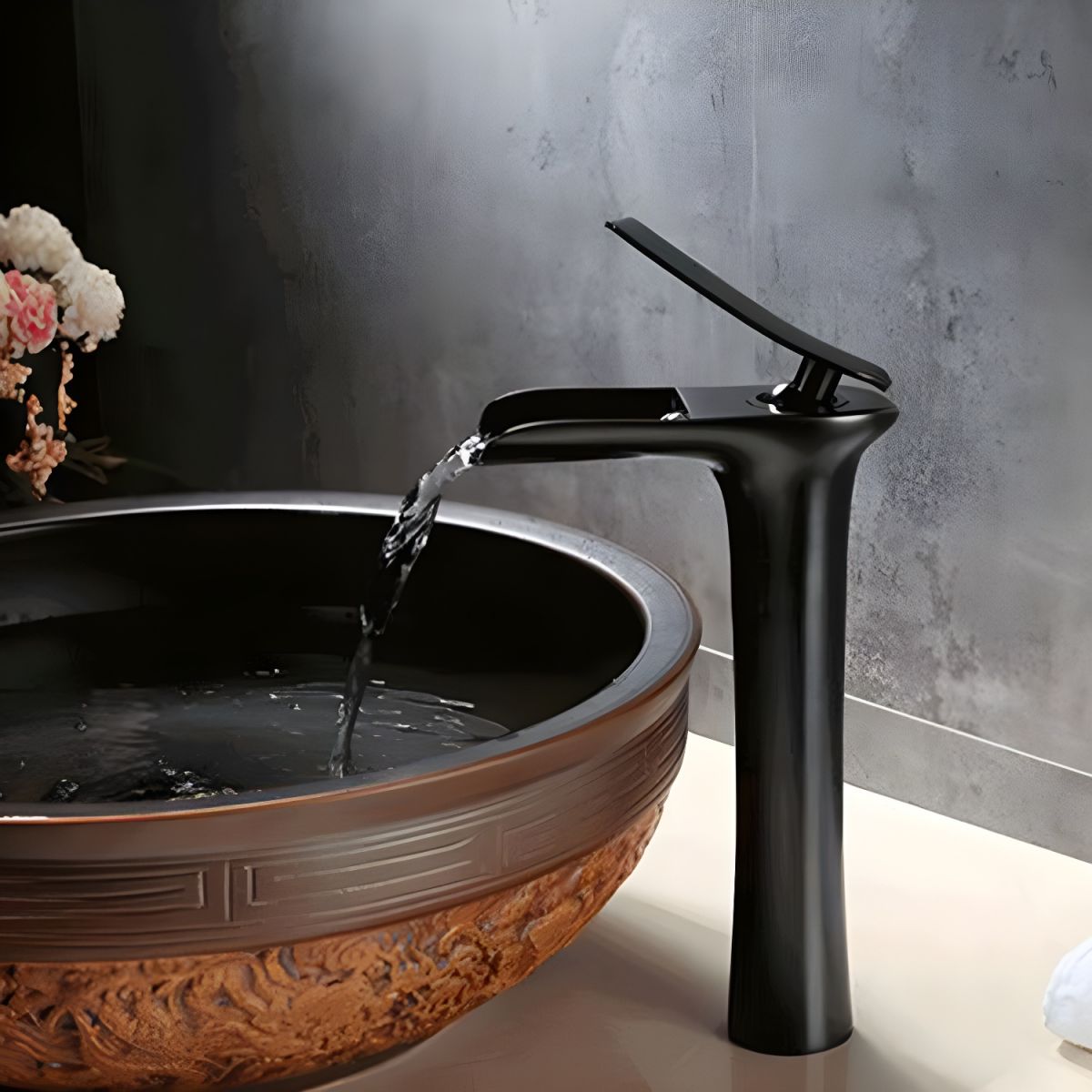 Aerithen | Modern Low Arc Vessel Waterfall Spout Bathroom Sink Tap