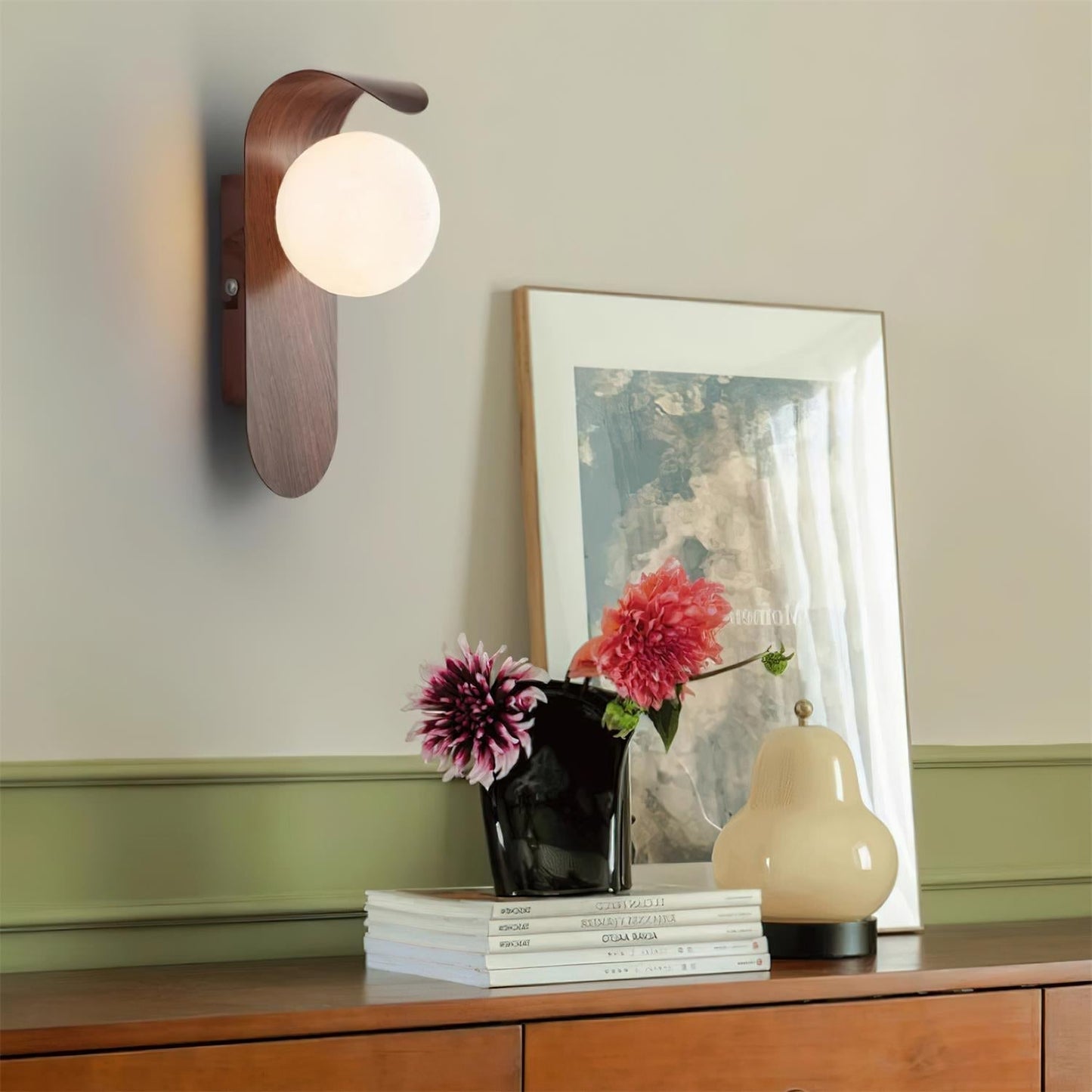 Lythose | Modern Arched Wood Grain Wall Light with Ball Globe