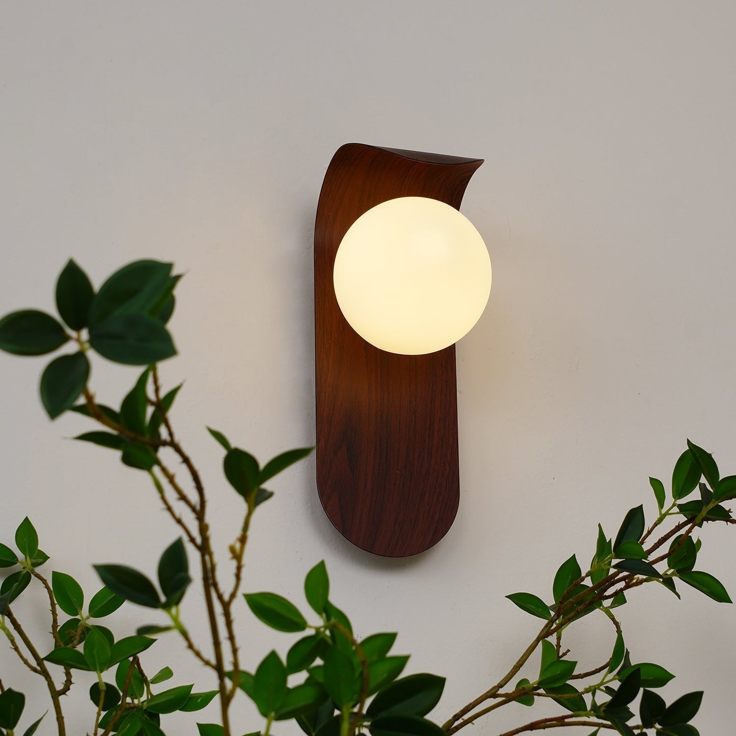 Lythose | Modern Arched Wood Grain Wall Light with Ball Globe