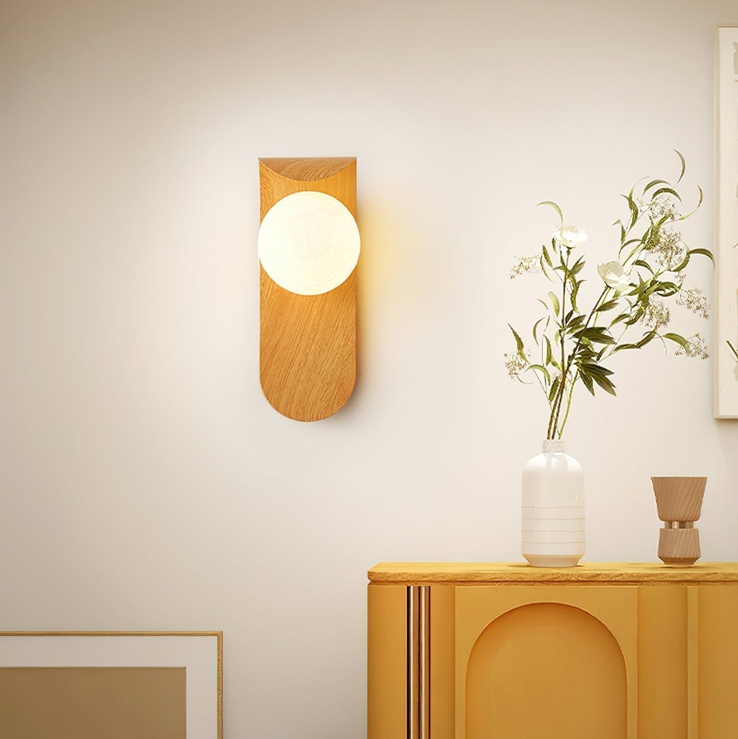 Lythose | Modern Arched Wood Grain Wall Light with Ball Globe