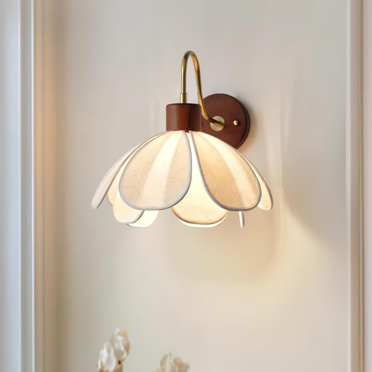 Thalix | Sculptural Floral Petal Wood Fabric Wall Light