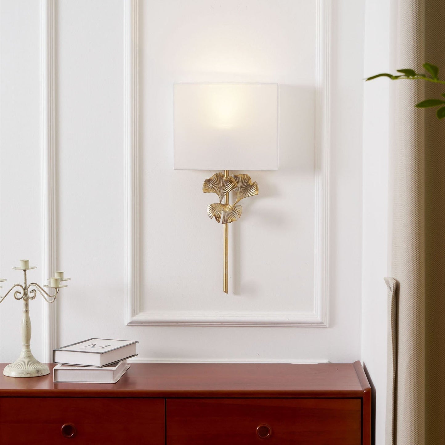 Juvox | Ginkgo Leaf Sculpted Fabric Brass Shade Wall Light