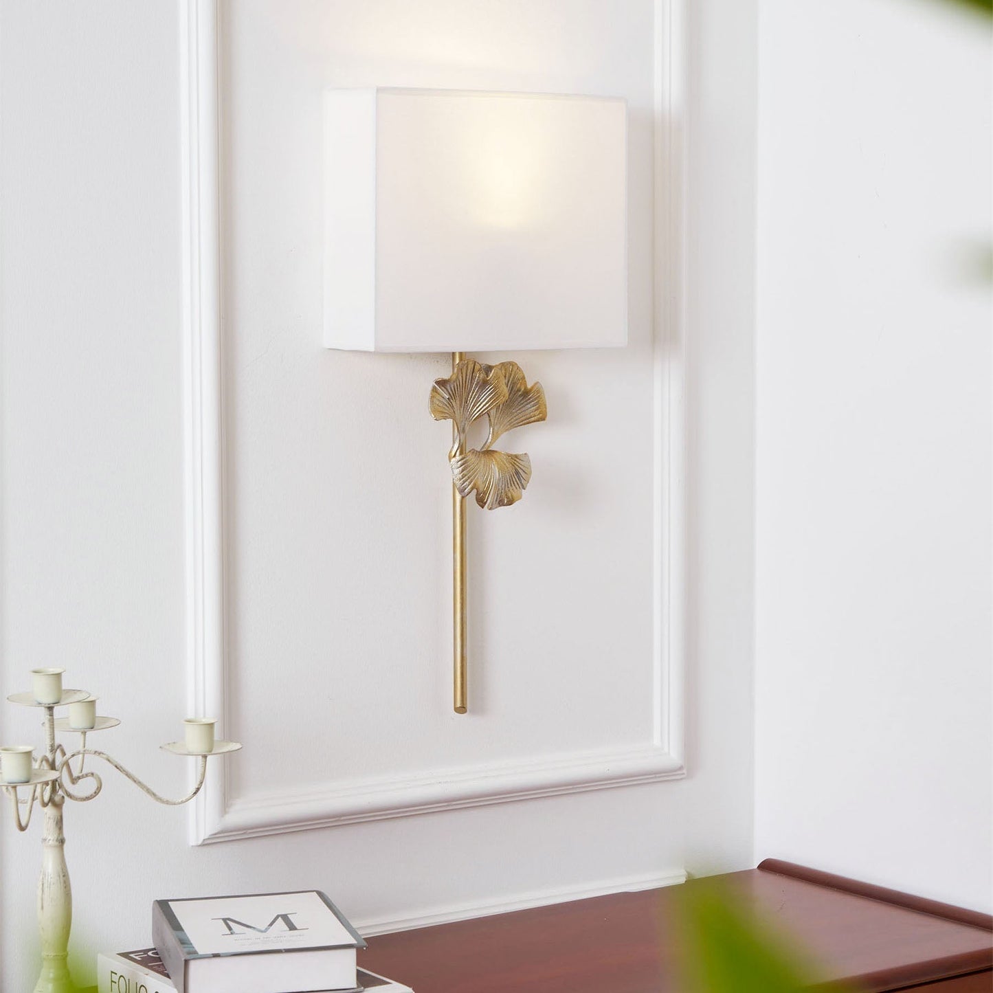Juvox | Ginkgo Leaf Sculpted Fabric Brass Shade Wall Light