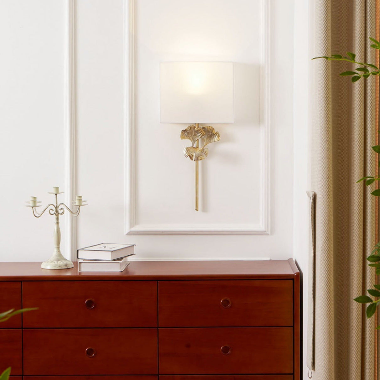 Juvox | Ginkgo Leaf Sculpted Fabric Brass Shade Wall Light
