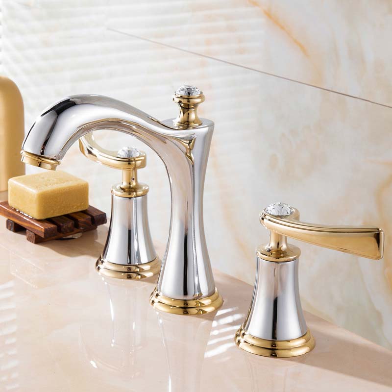 Juvandic | Glam Arched Spout Deck Mounted Widespread Dual Handle Bathroom Sink Tap