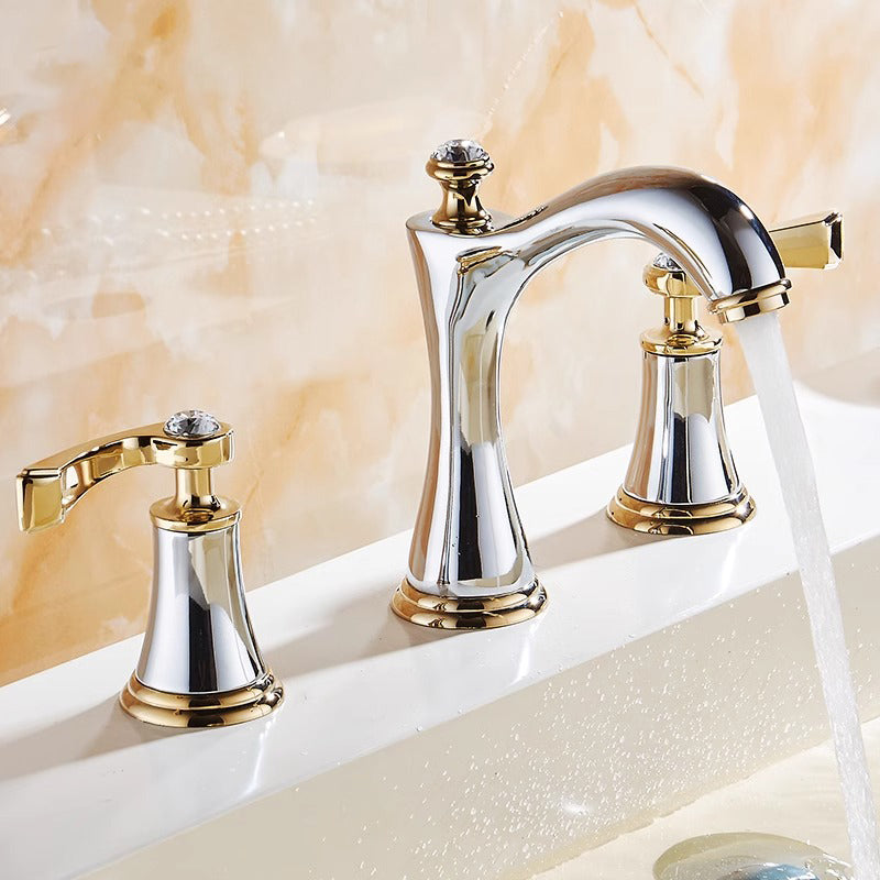 Juvandic | Glam Arched Spout Deck Mounted Widespread Dual Handle Bathroom Sink Tap