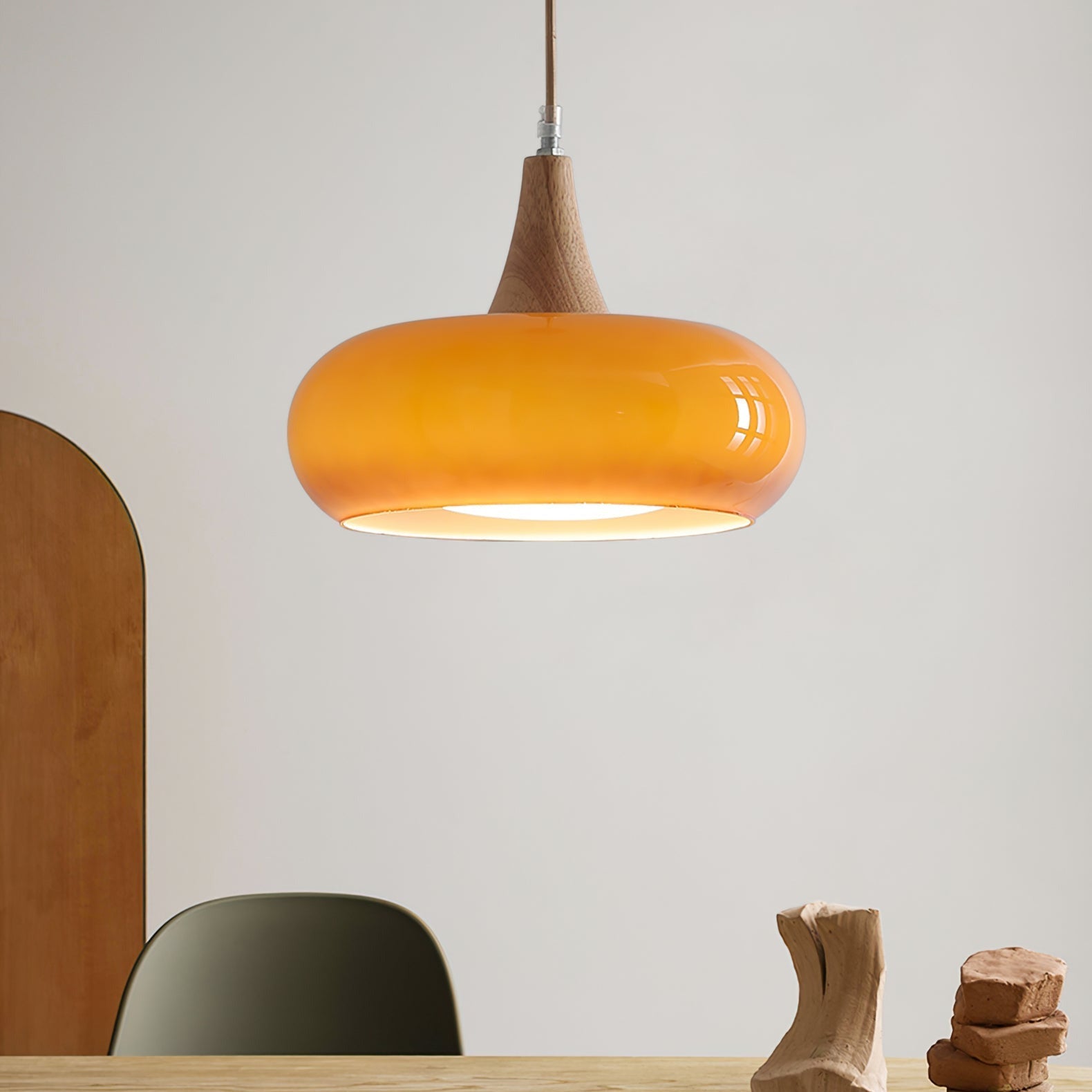 Charlotte | Mid Century Wood and Amber Glass Pendant Light