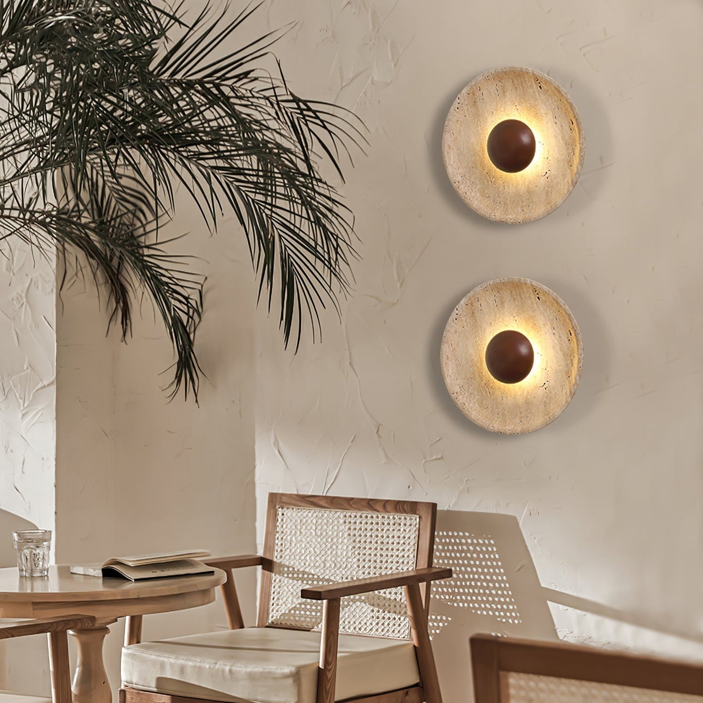 Solvintra | Sculptural Travertine Halo Stone Wooden Wall Light