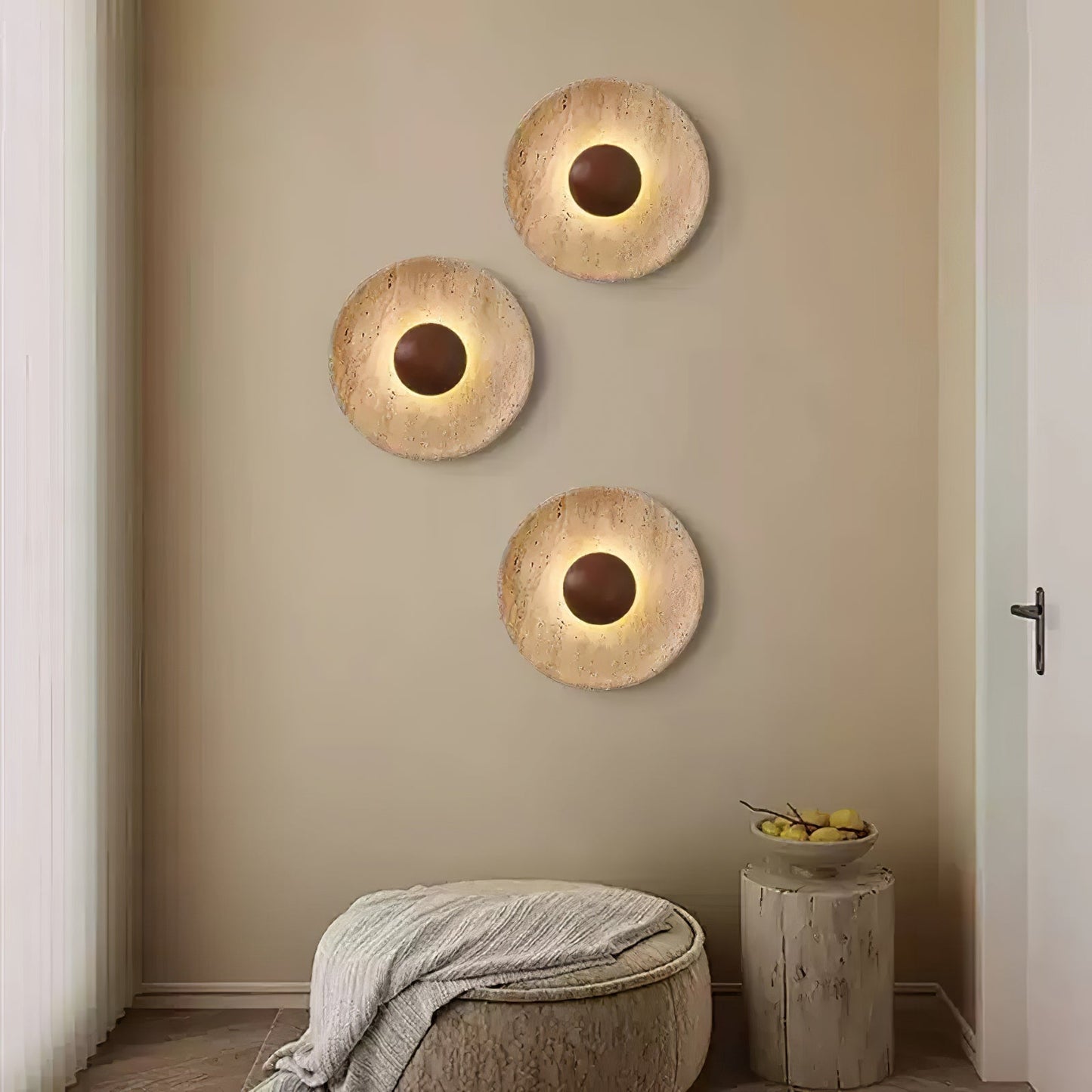 Solvintra | Sculptural Travertine Halo Stone Wooden Wall Light