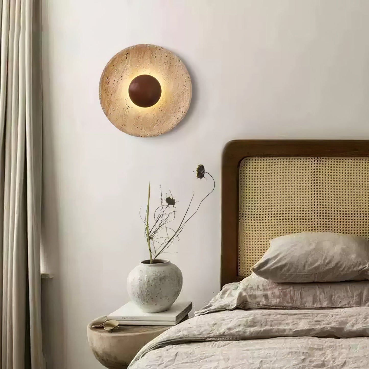 Solvintra | Sculptural Travertine Halo Stone Wooden Wall Light