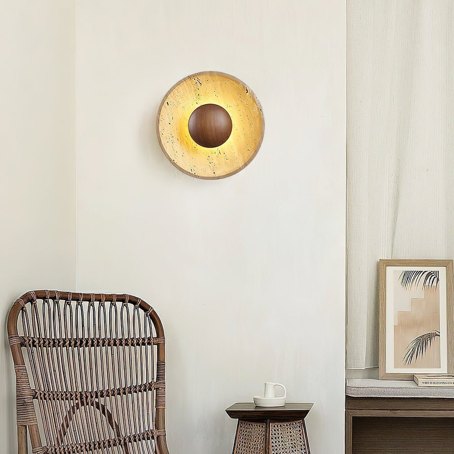 Solvintra | Sculptural Travertine Halo Stone Wooden Wall Light