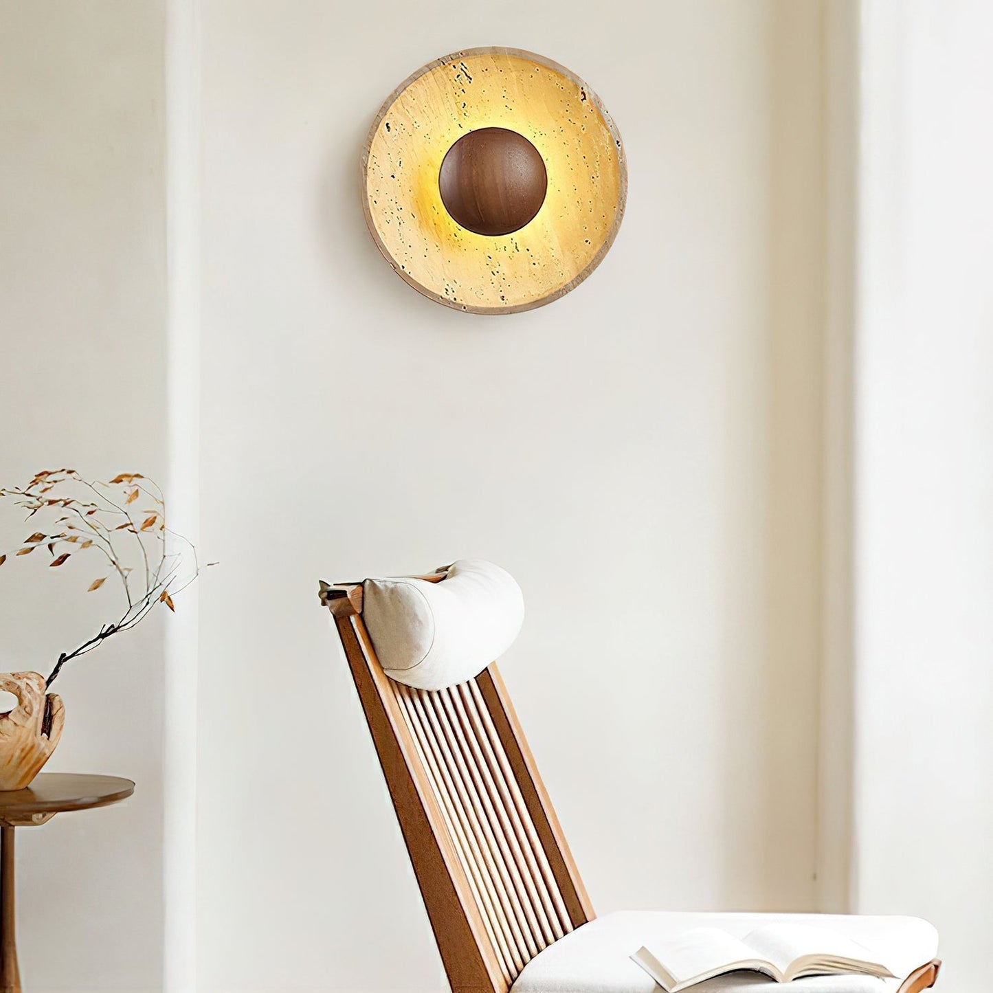 Solvintra | Sculptural Travertine Halo Stone Wooden Wall Light