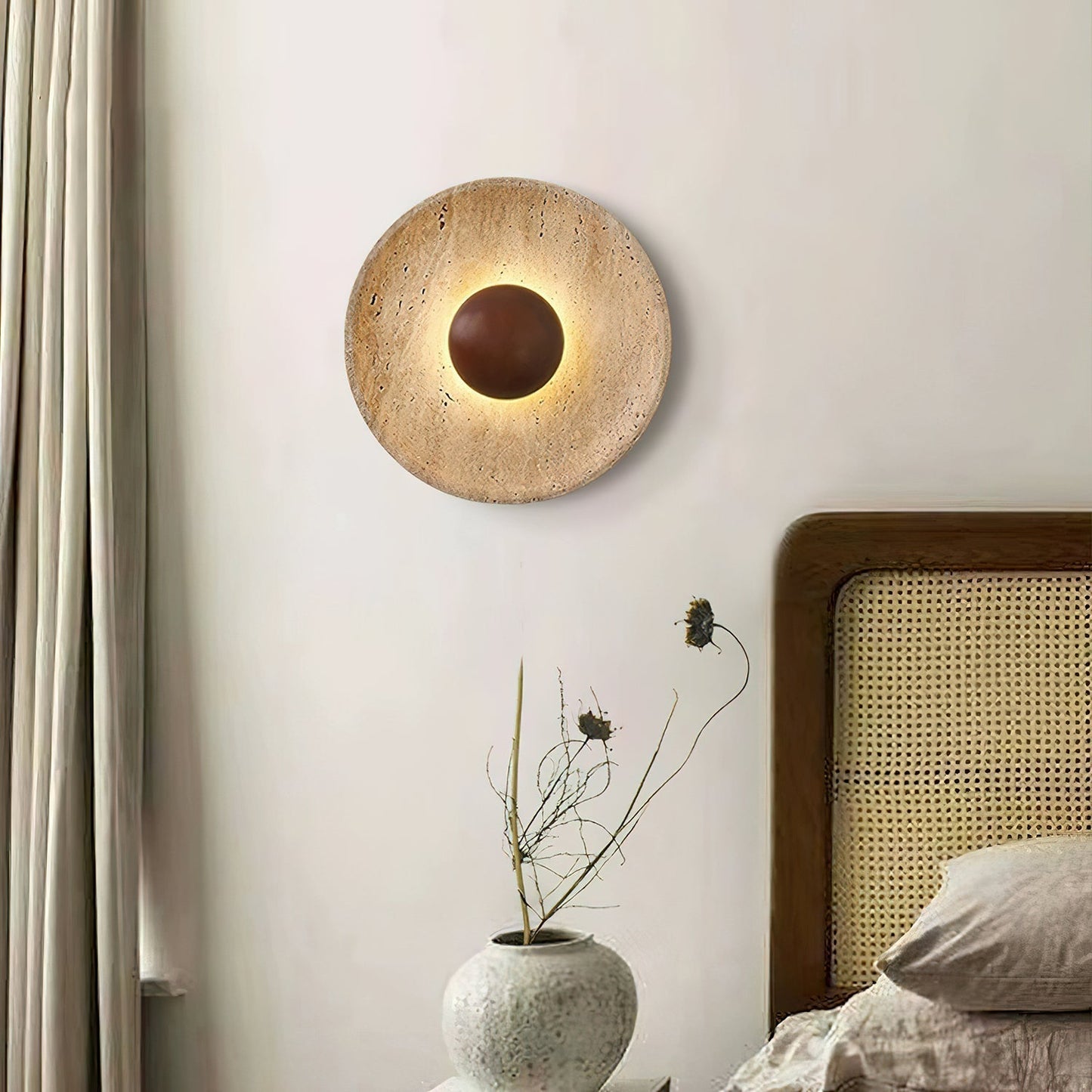 Solvintra | Sculptural Travertine Halo Stone Wooden Wall Light