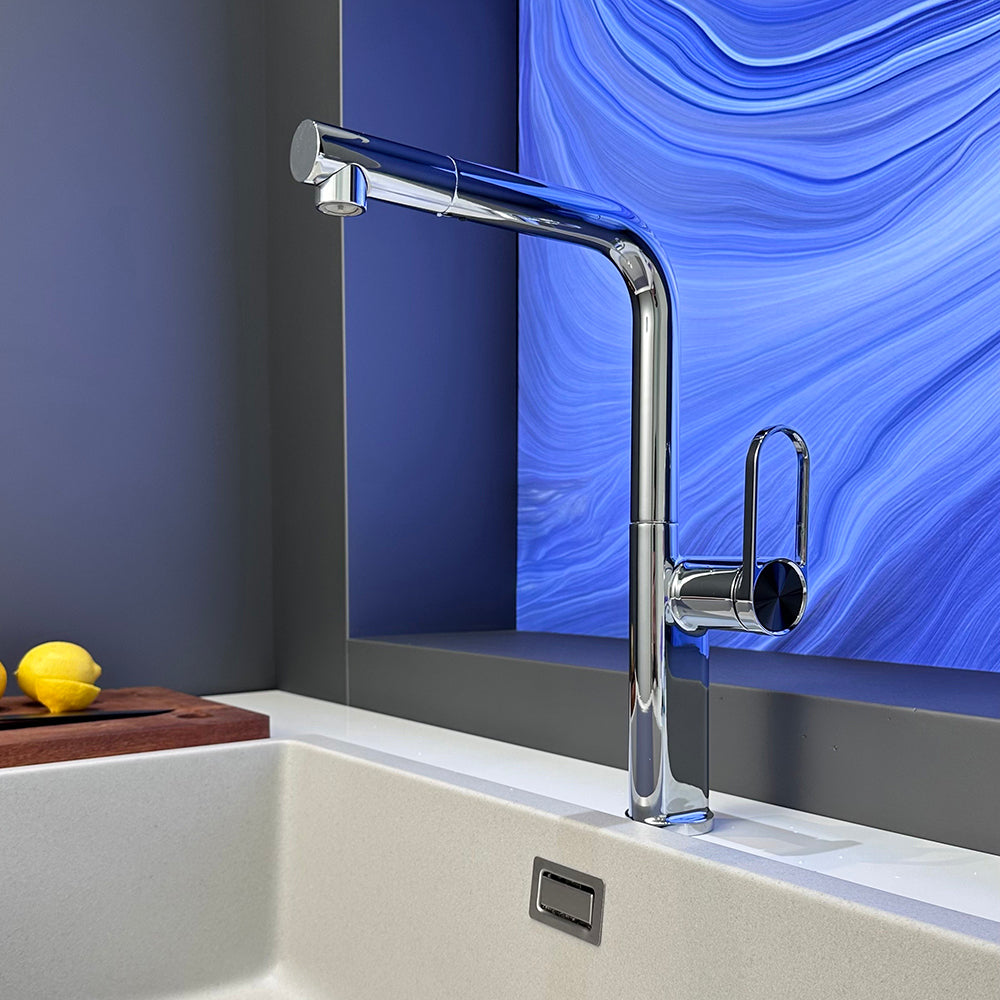 Lindvarek | Elegant L-Shaped Pull Out Kitchen Sink Mixer Tap with Retractable Swivel Spout