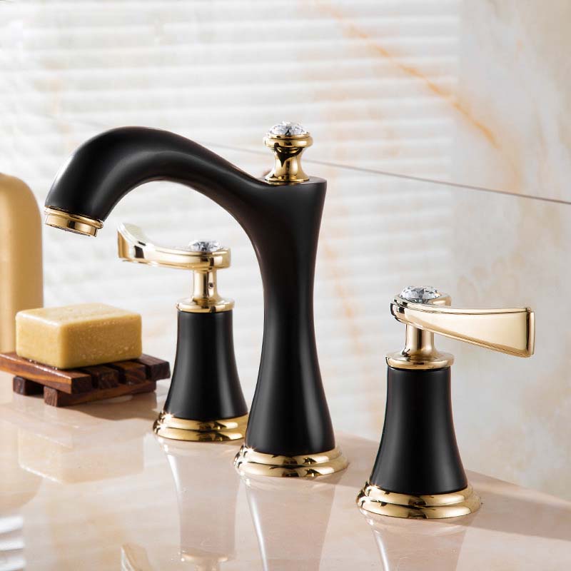 Juvandic | Glam Arched Spout Deck Mounted Widespread Dual Handle Bathroom Sink Tap