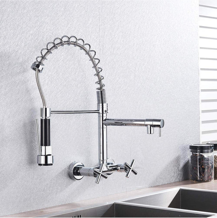 Luxvarke | Industrial Wall Mounted Spring Neck Pull Out Kitchen Mixer Tap with 2 Faucet Holes