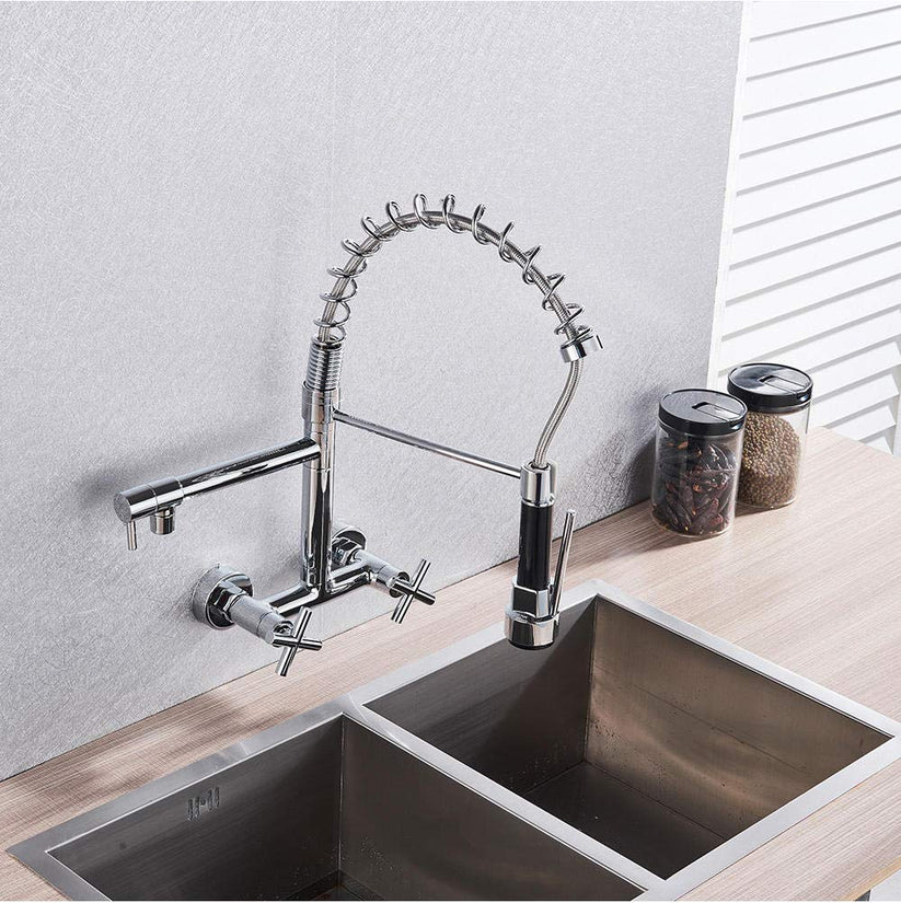 Luxvarke | Industrial Wall Mounted Spring Neck Pull Out Kitchen Mixer Tap with 2 Faucet Holes