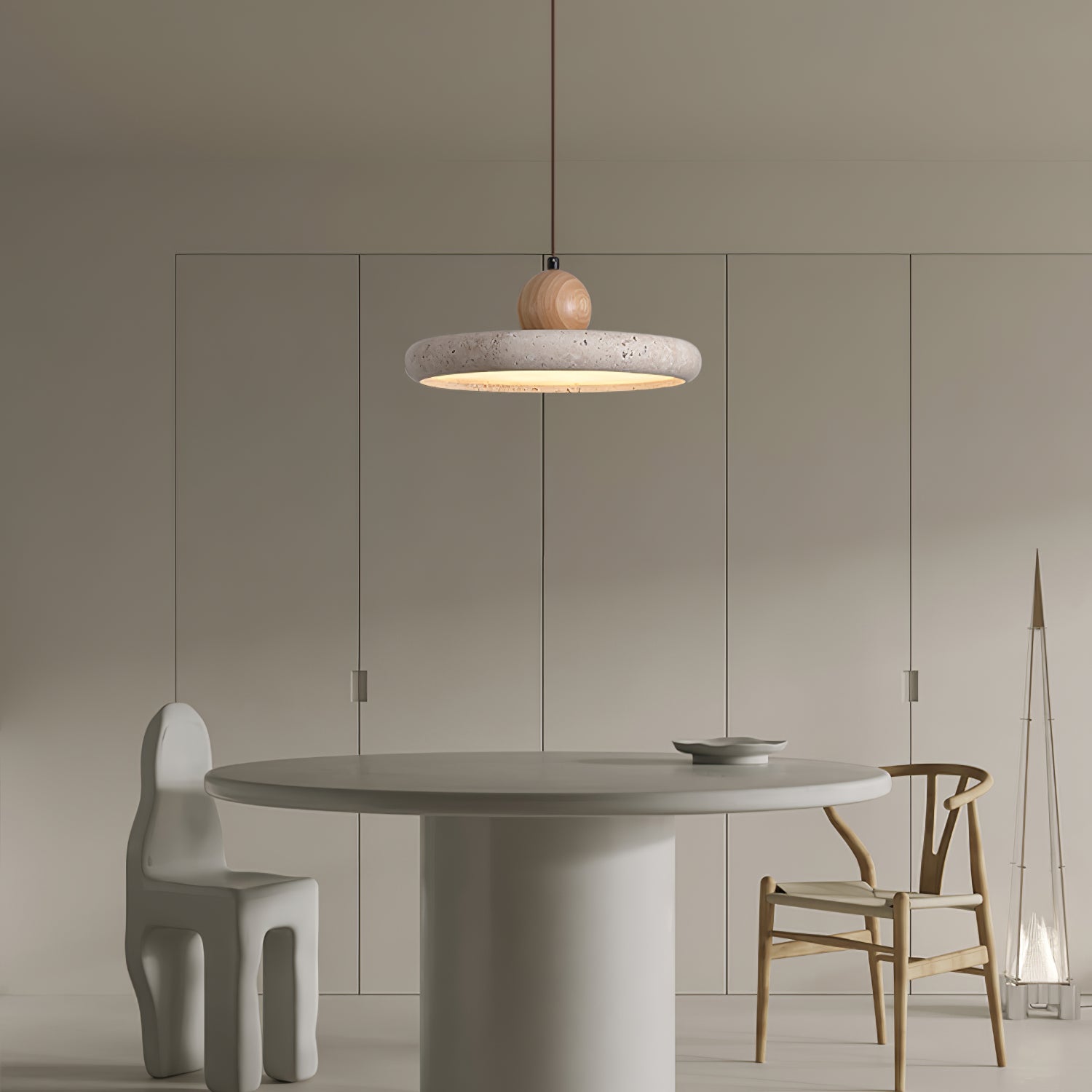 Aethell | Modern Circular Travertine Stone And Wood Pendant Light