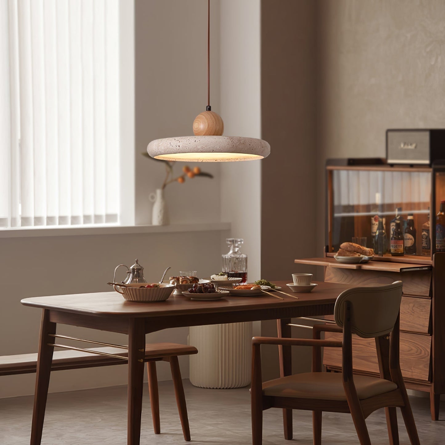 Aethell | Modern Circular Travertine Stone And Wood Pendant Light