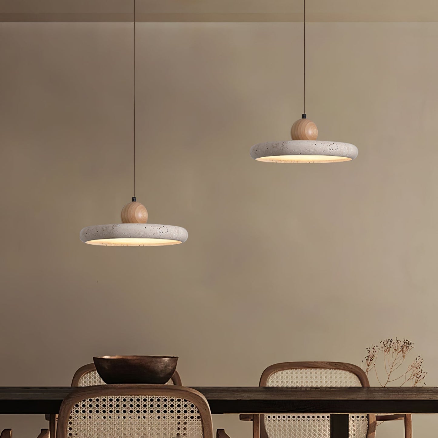 Aethell | Modern Circular Travertine Stone And Wood Pendant Light