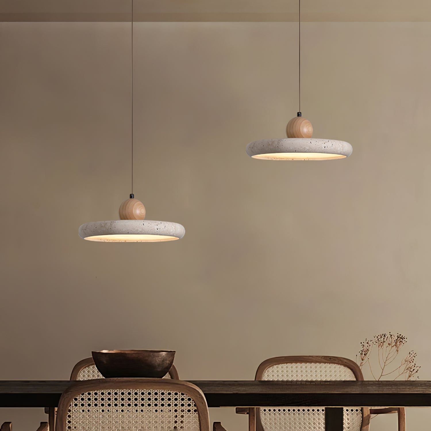 Aethell | Modern Circular Travertine Stone And Wood Pendant Light